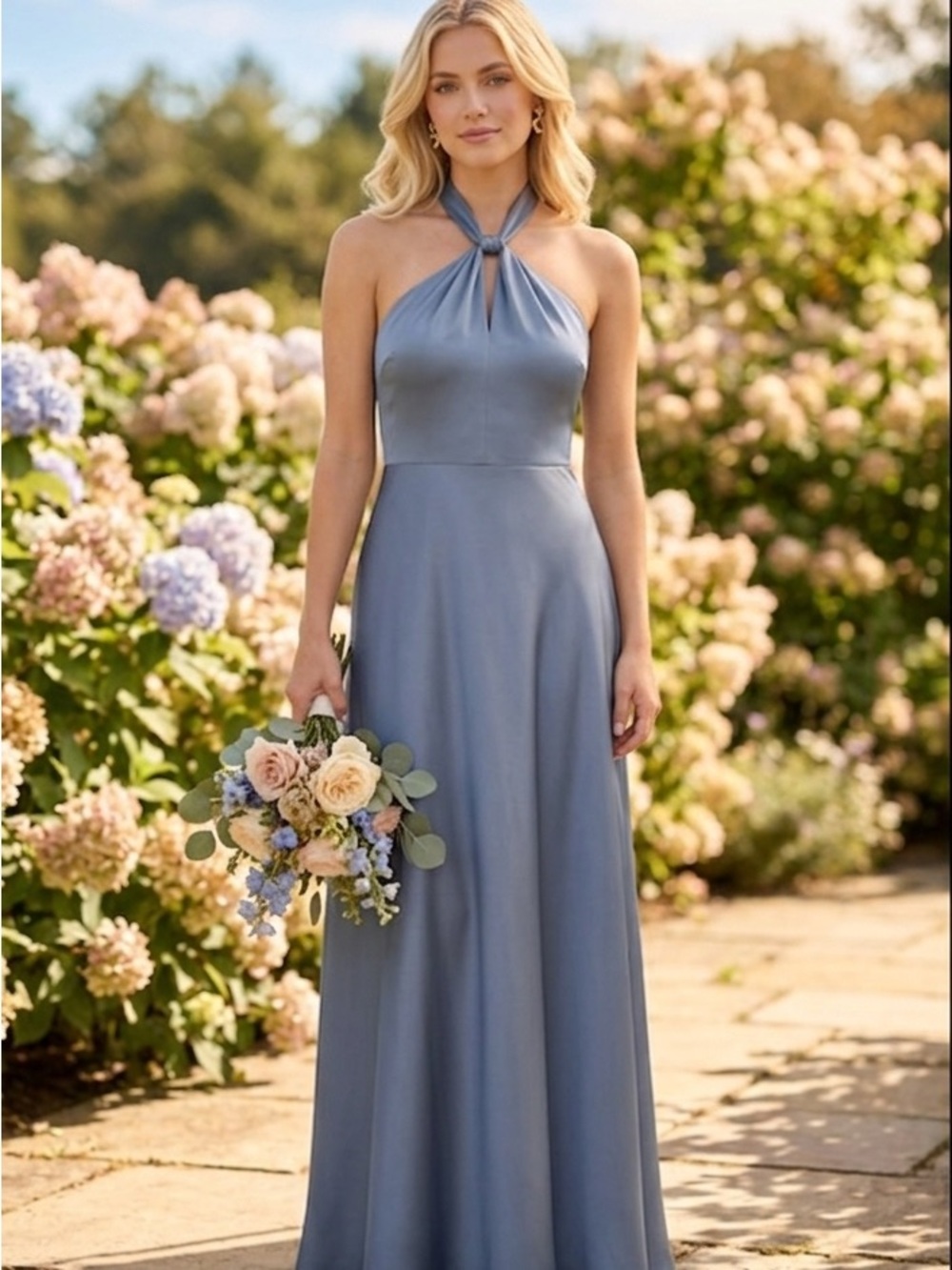 Birdy Grey One-Shoulder Satin Maxi Dress in Dusty Blue NWT